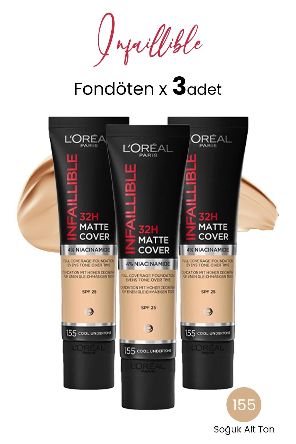 Loreal Paris Infaillible Matte Cover Fondöten SPF25 Soğuk Alt Ton 155 x 3 Adet