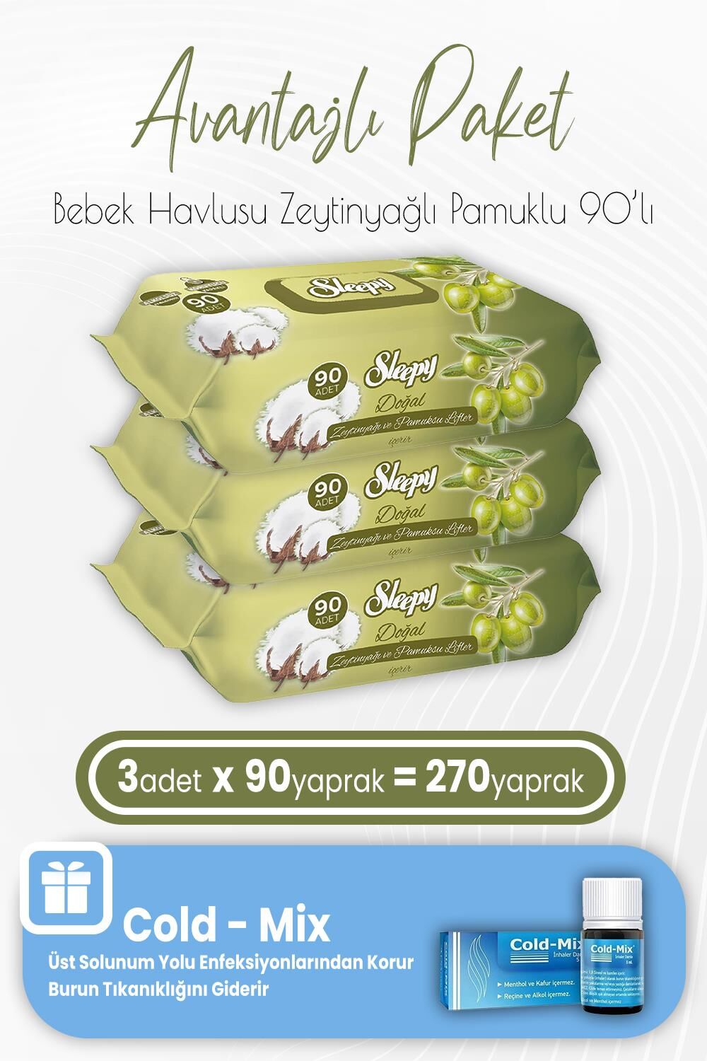 Sleepy Zeytinyağlı Pamuklu Bebek Havlusu 90 x 3 (270 Yaprak) ve İnhaler Damla
