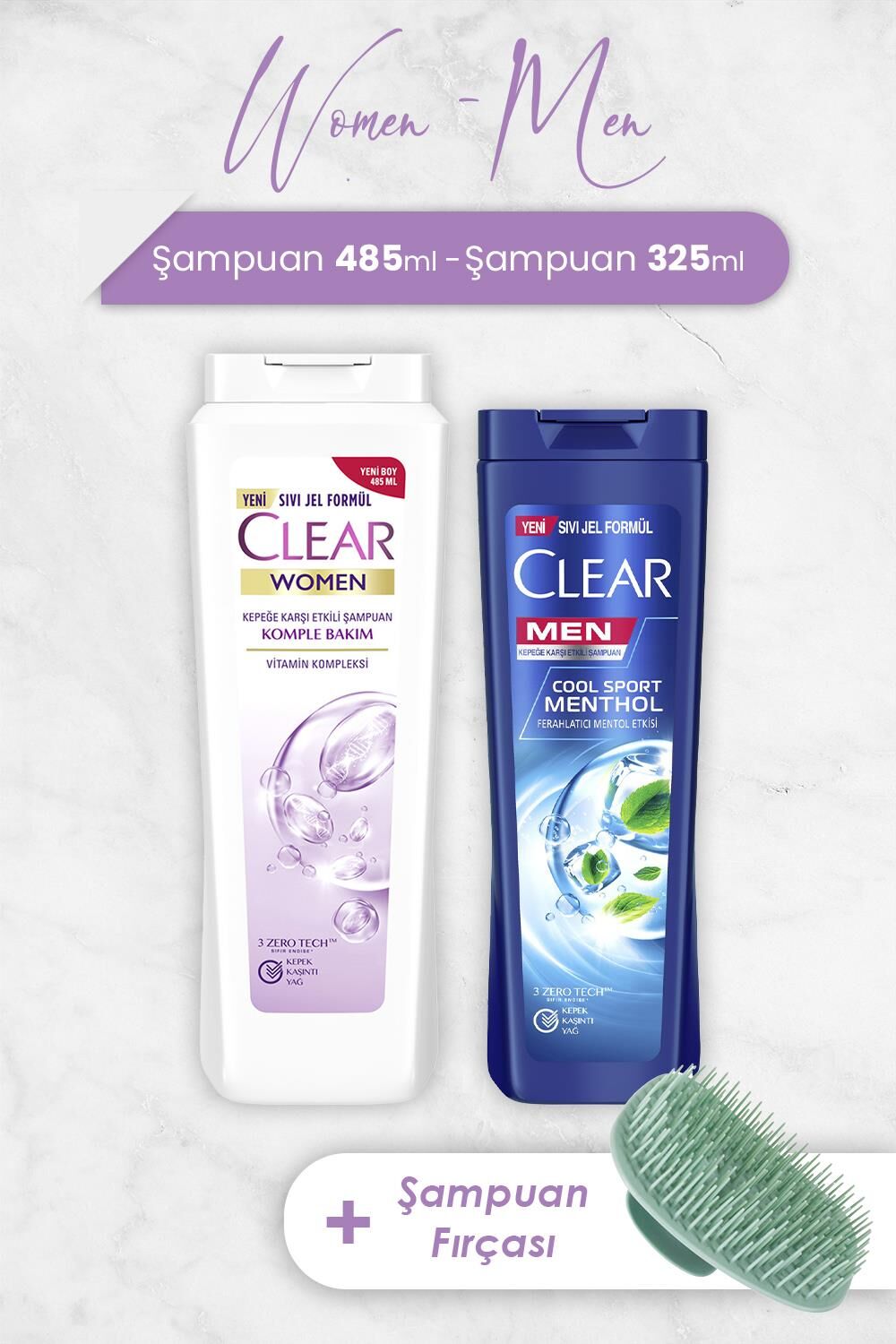 Clear Women Komple Bakım Şampuan 485 ml, Mentol Etkisi 325 ml ve Şampuan Fırçası