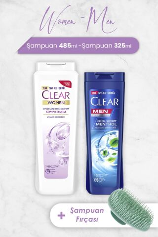 Clear Women Komple Bakım Şampuan 485 ml, Mentol Etkisi 325 ml ve Şampuan Fırçası