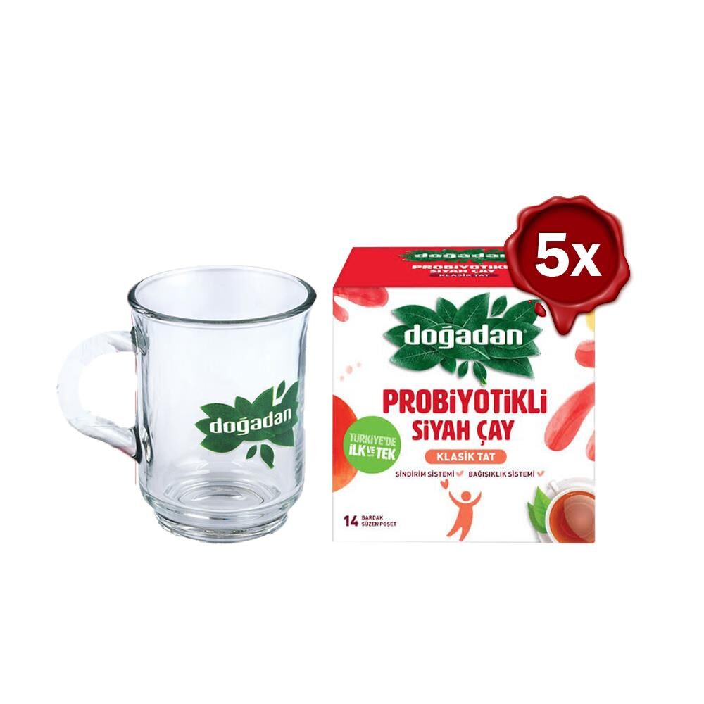 Doğadan Probiyotikli Siyah Çay Klasik Tat 14'li Bardak Poşet x 5 ve Doğadan Cam Bardak Hediyeli