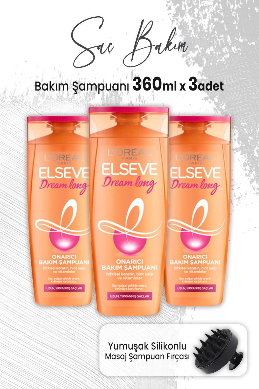 Elseve Dream Long Onarıcı Şampuan 360 ml x 3 Adet ve Masaj Şampuan Fırçası Siyah