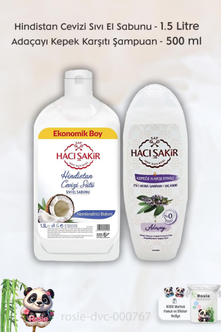 Hacı Şakir Hindistan Cevizi Sıvı El Sabunu 1500 ml,  Adaçayı 2si 1 Arada Şampuan 500 ml ve ROSIE