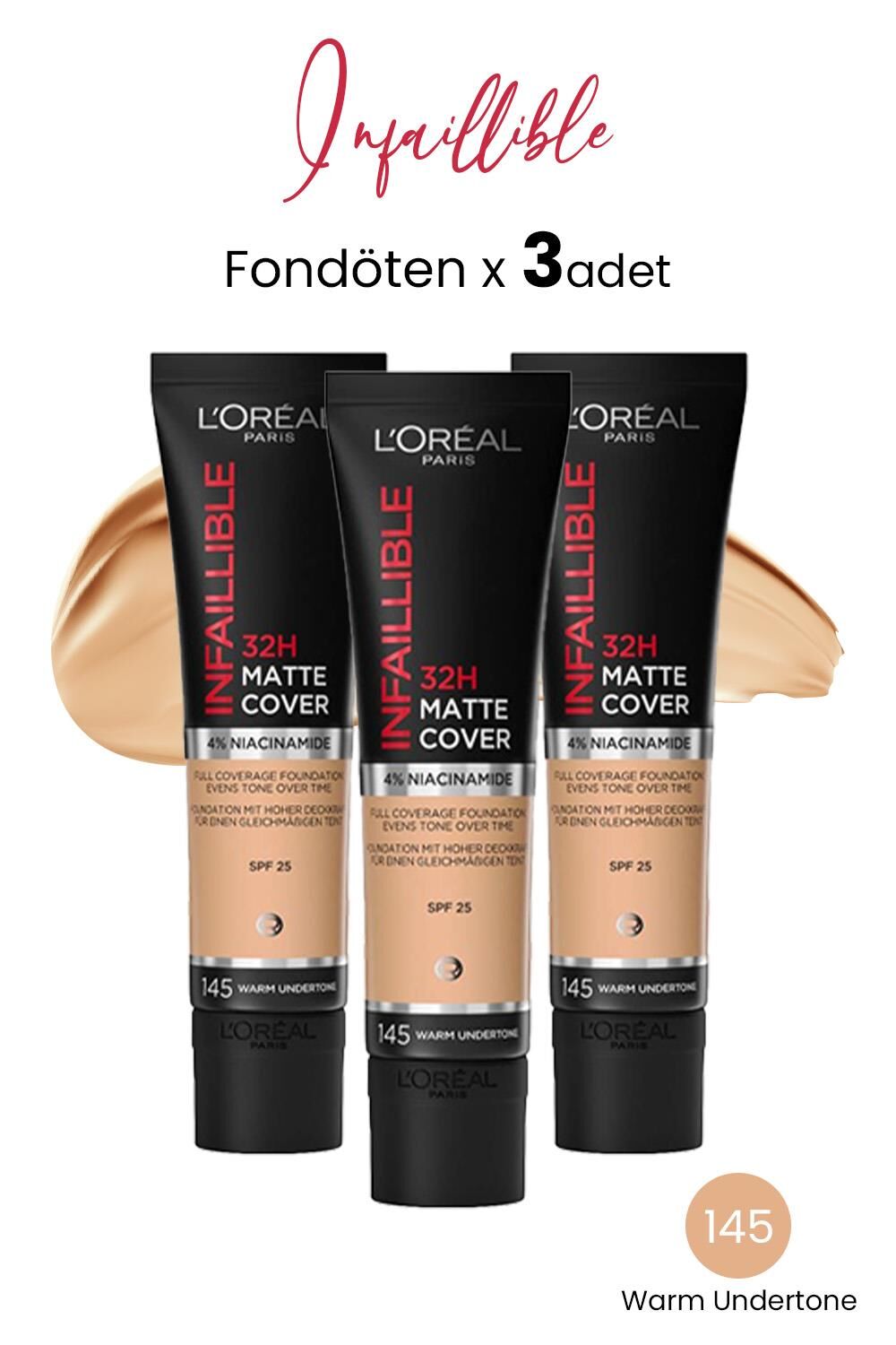 Loreal Paris Infaillible Matte Cover Fondöten SPF25 Warm Undertone 145 x 3 Adet