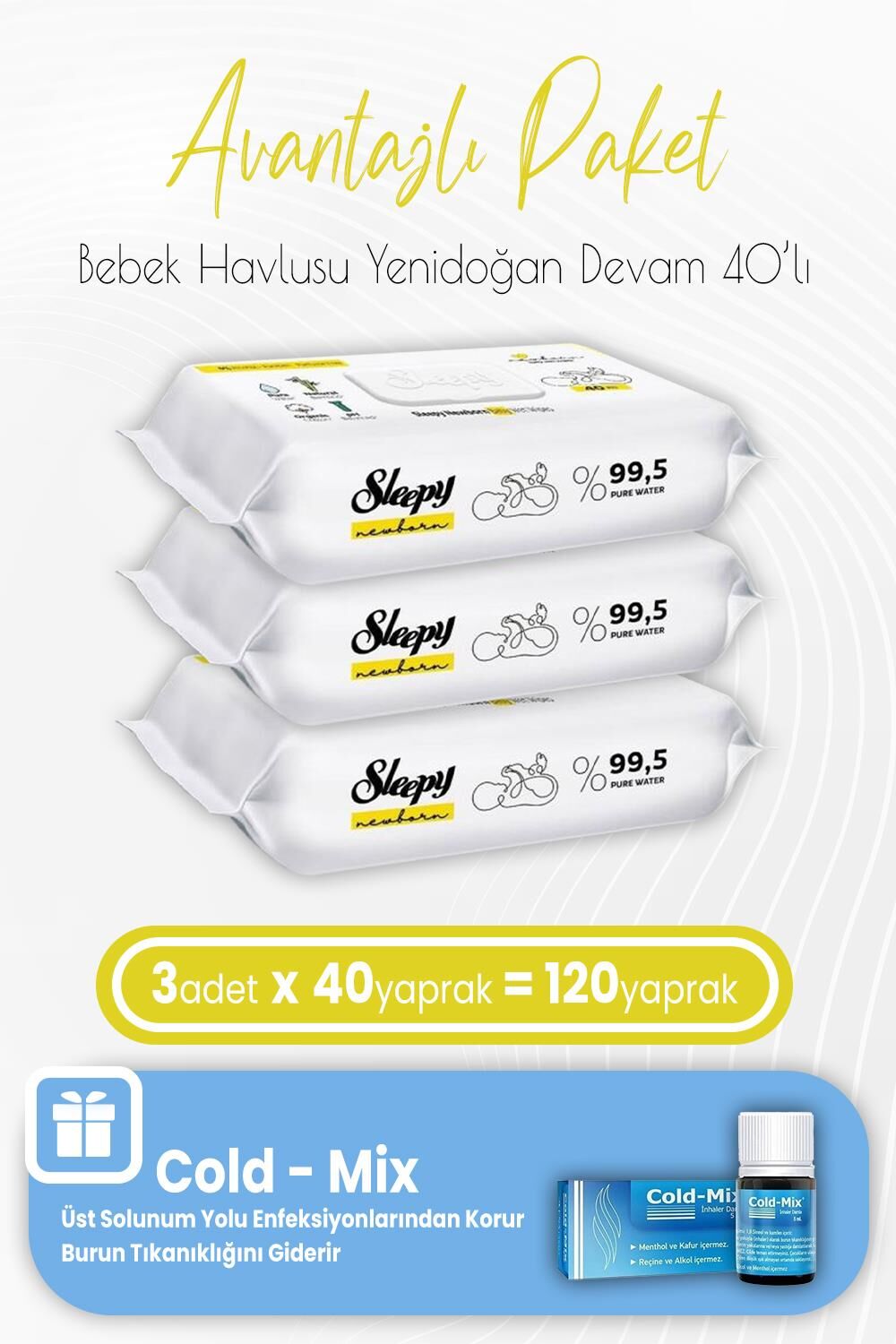 Sleepy Yenidoğan Devam Islak Bebek Havlusu 40 x 3 (120 Yaprak) ve İnhaler Damla