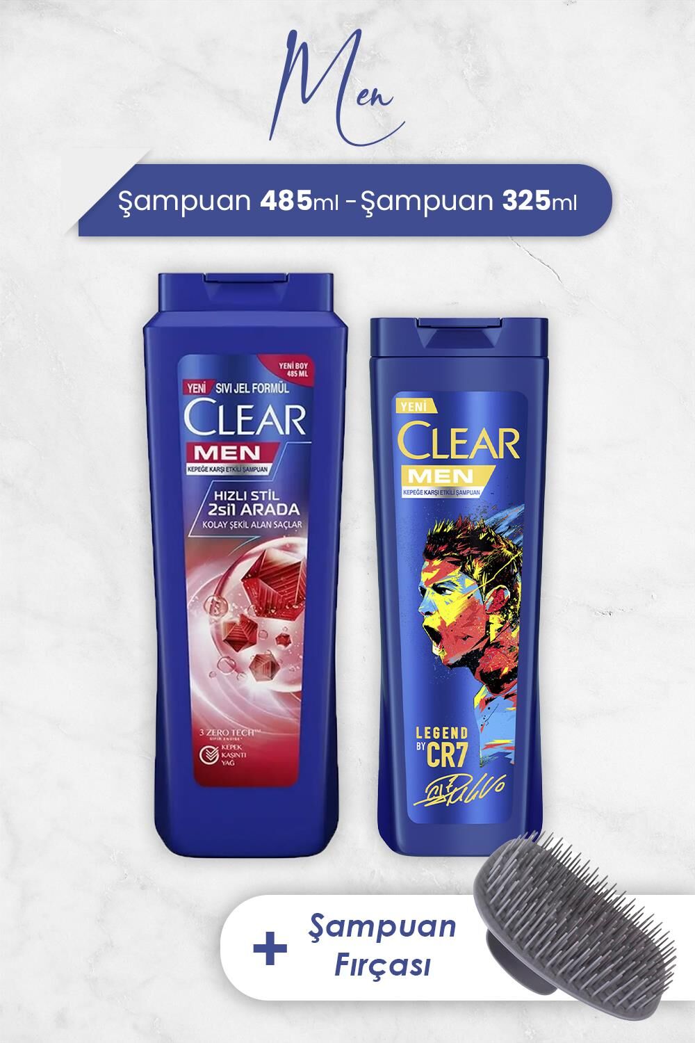 Clear Hızlı Stil Şampuan 485 ml, Legend By Cr7 325 ml ve Şampuan Fırçası