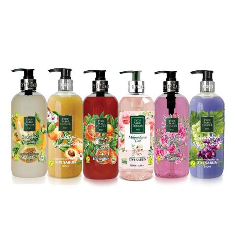 Eyüp Sabri Tuncer Sıvı Sabun Seti Isparta Gülü, Kapadokya Üzüm Çiçeği, Kırkağaç Kavunu, Malatya Kayısı Çiçeği, Mersin Kan Portakalı, Milyonlarca Gül 500 ml