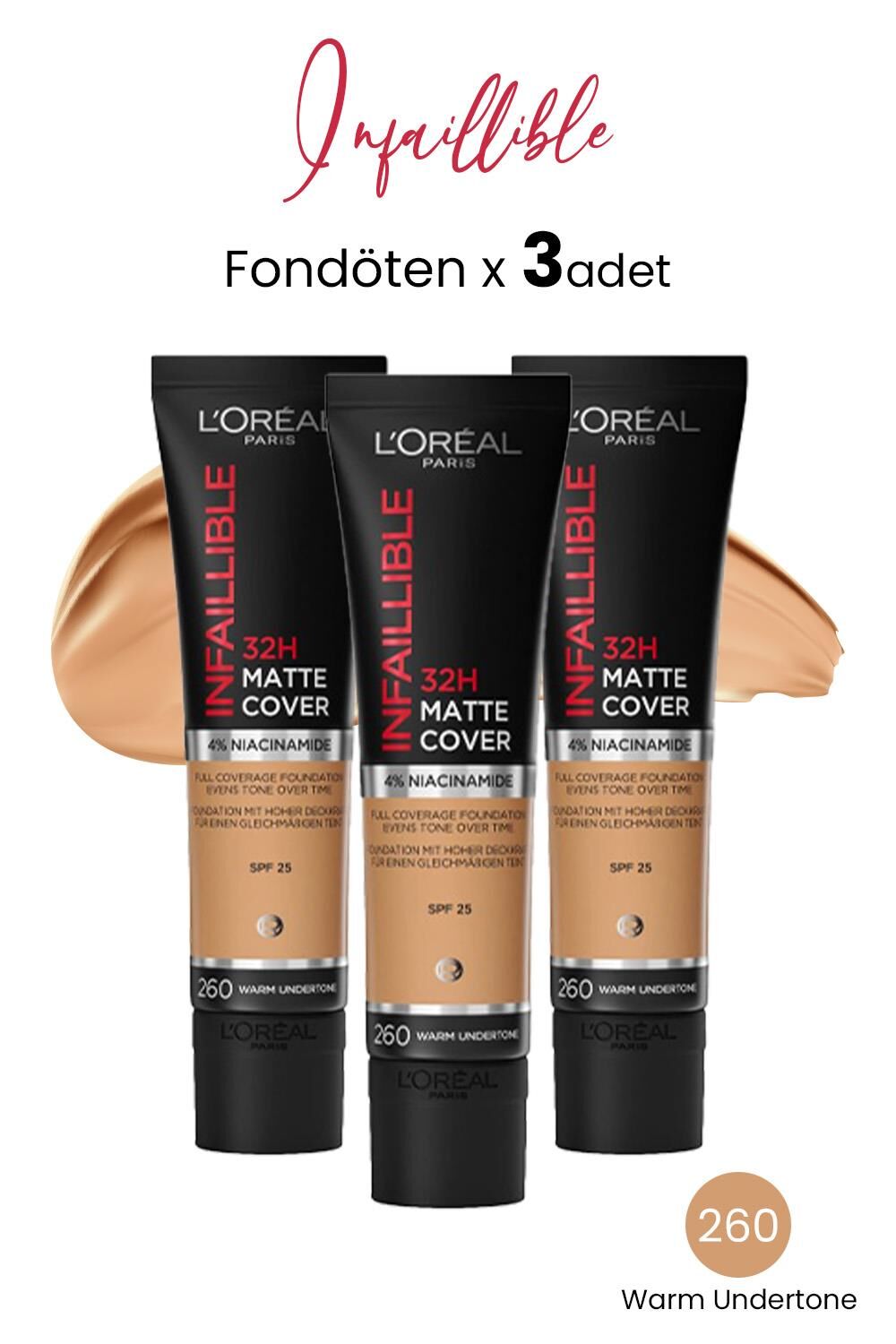 Loreal Paris Infaillible Matte Cover Fondöten SPF25 Warm Undertone 260 x 3 Adet