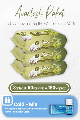 Sleepy Zeytinyağlı Pamuklu Bebek Havlusu 50 x 3 (150 Yaprak) ve İnhaler Damla