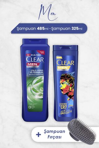 Clear Men Şampuan Günlük Arınma 485 ml, Legend By Cr7 325 ml ve Şampuan Fırçası