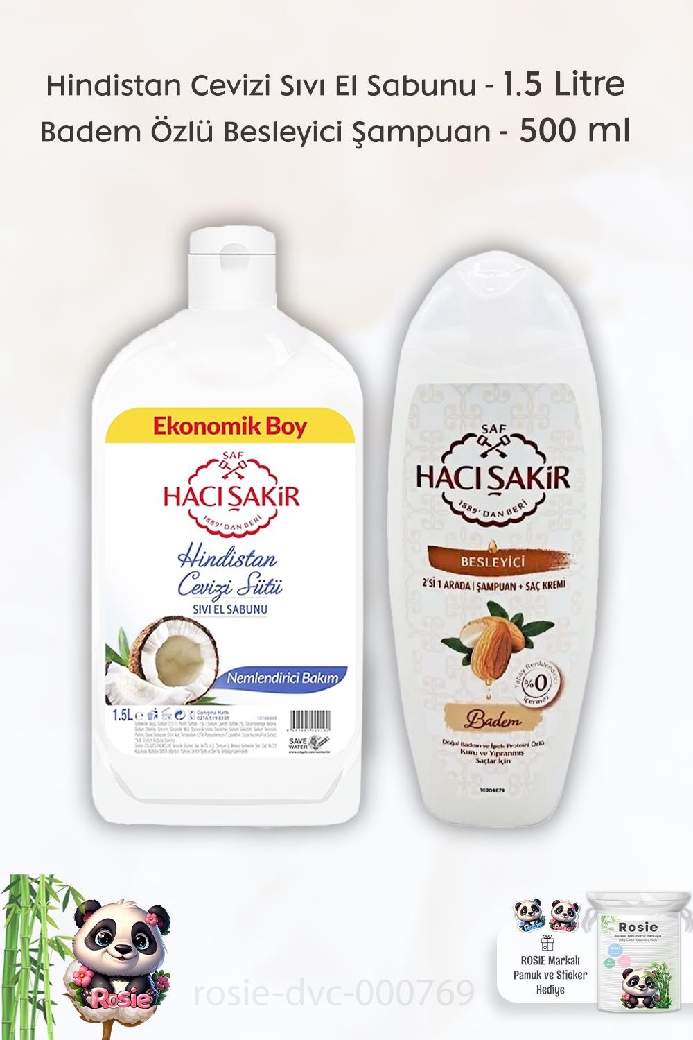 Hacı Şakir Hindistan Cevizi Sıvı El Sabunu 1500 ml,  Badem 2si 1 Arada Şampuan 500 ml ve ROSIE