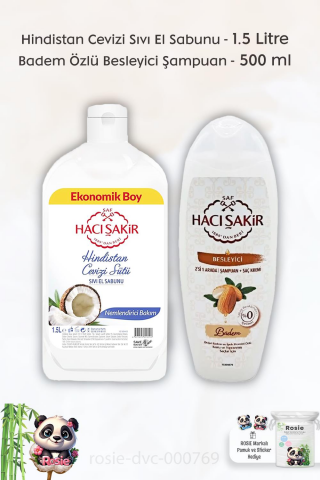 Hacı Şakir Hindistan Cevizi Sıvı El Sabunu 1500 ml,  Badem 2si 1 Arada Şampuan 500 ml ve ROSIE