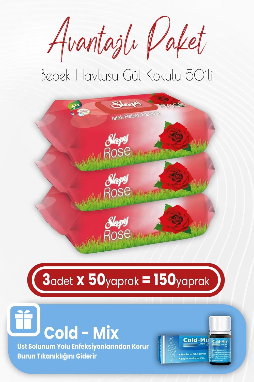 Sleepy Gül Kokulu Islak Bebek Havlusu 50 x 3 (150 Yaprak) ve İnhaler Damla