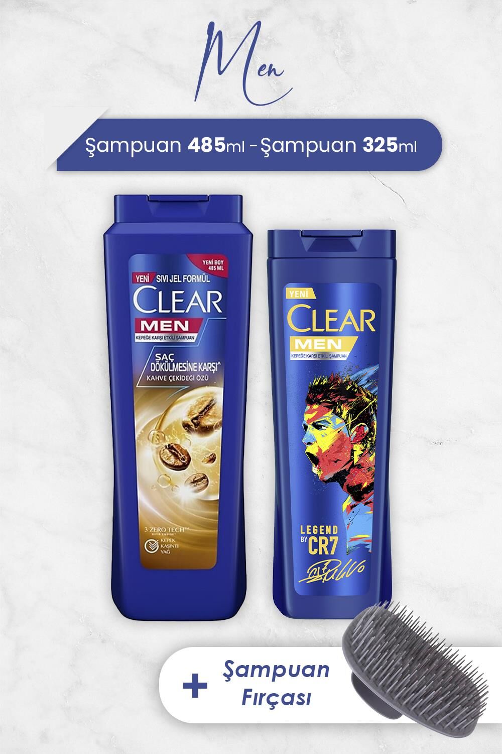 Clear Men Şampuan Saç Dökülmesine Karşı 485 ml, Legend By Cr7 325 ml ve Şampuan Fırçası