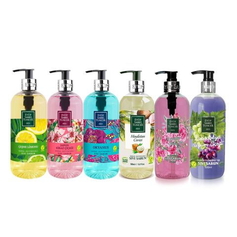 Eyüp Sabri Tuncer Sıvı Sabun Seti Çeşme Limonu, Japon Kiraz Çiçeği, Okyanus, Hindistan Cevizi, Isparta Gülü, Kapadokya Üzüm Çiçeği 500 ml