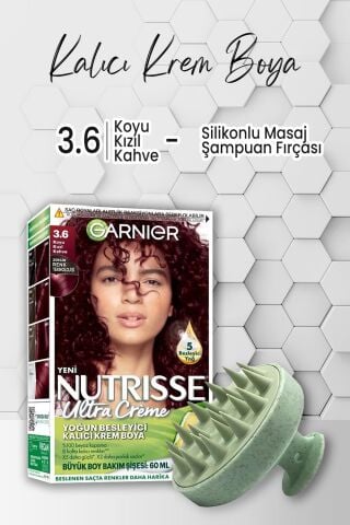 Garnier Nutrisse Kalıcı Krem Saç Boyası 3.6 Koyu Kızıl Kahve ve Şampuan Fırçası Yeşil