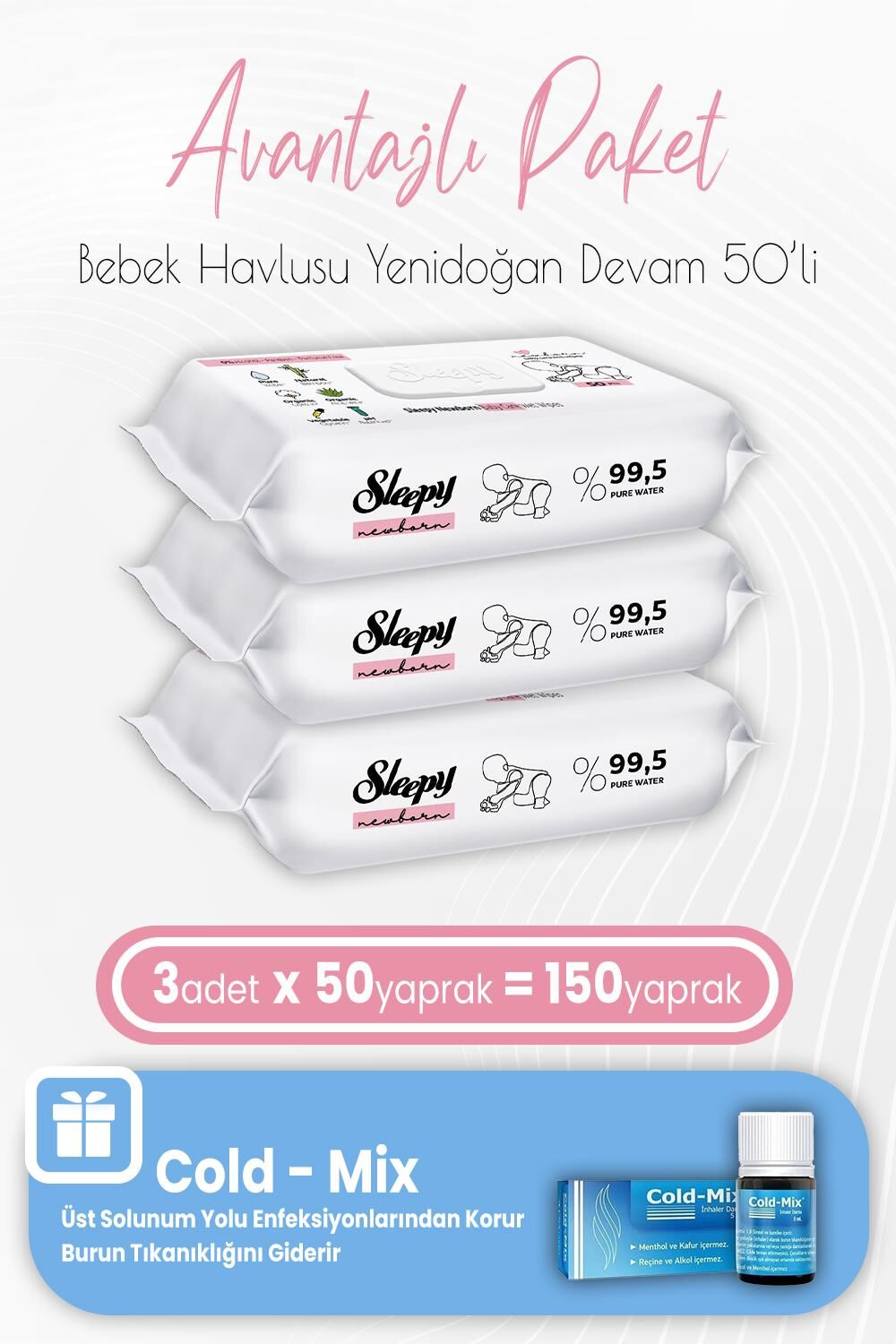Sleepy Yenidoğan Devam Bebek Bakım Havlusu 50 x 3 (150 Yaprak) ve İnhaler Damla