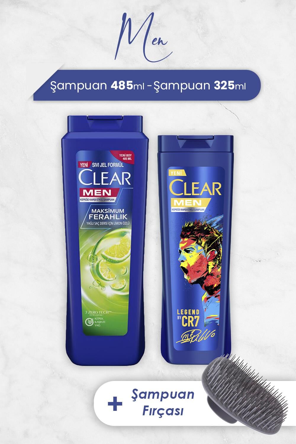 Clear Men Şampuan Maksimum Ferahlık 485 ml, Legend By Cr7 325 ml ve Şampuan Fırçası