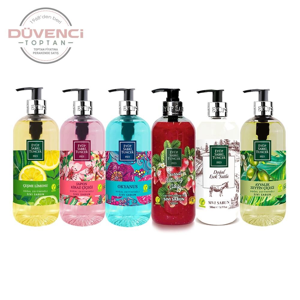 Eyüp Sabri Tuncer Sıvı Sabun Seti Uludağ Çileği, Eşek sütlü, Ayvalık Zeytin Çiçeği, Çeşme Limonu, Japon Kiraz Çiçeği, Okyanus 500 ml