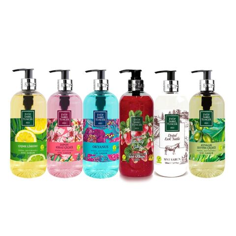Eyüp Sabri Tuncer Sıvı Sabun Seti Uludağ Çileği, Eşek sütlü, Ayvalık Zeytin Çiçeği, Çeşme Limonu, Japon Kiraz Çiçeği, Okyanus 500 ml