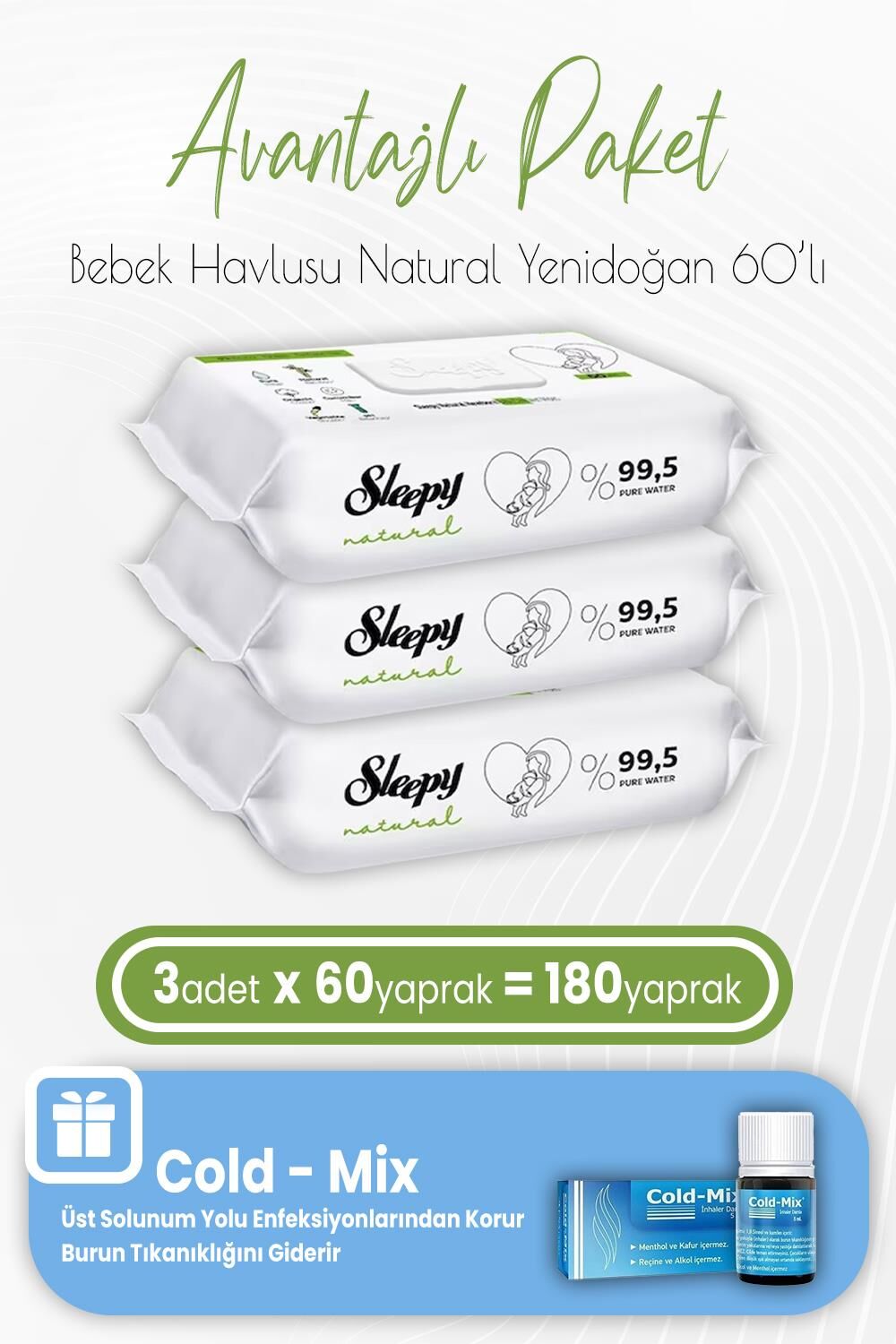 Sleepy Natural Yenidoğan Bebek Havlusu 60 x 3 (180 Yaprak) ve İnhaler Damla