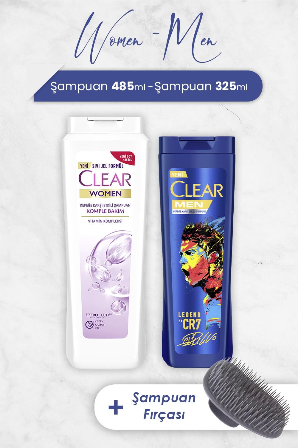 Clear Women Komple Bakım Şampuan 485 ml, Legend By Cr7 325 ml ve Şampuan Fırçası