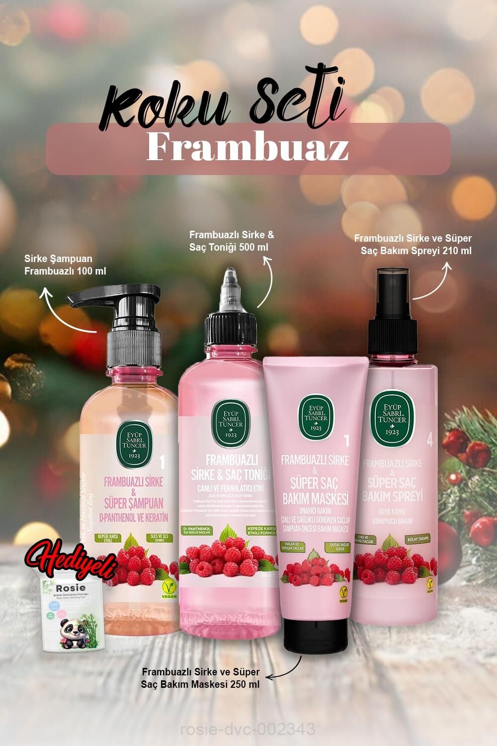 Saç Bakım Spreyi 210, Şampuan 100 ml, Tonik 500 ml, Maske 250 ml Frambuaz ve Rosie Hediye