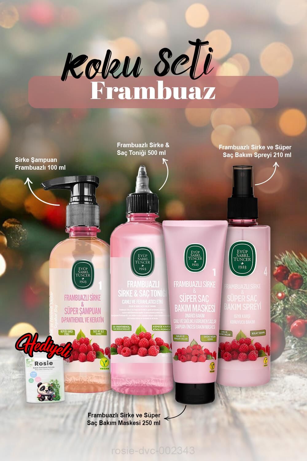 Saç Bakım Spreyi 210, Şampuan 100 ml, Tonik 500 ml, Maske 250 ml Frambuaz ve Rosie Hediye