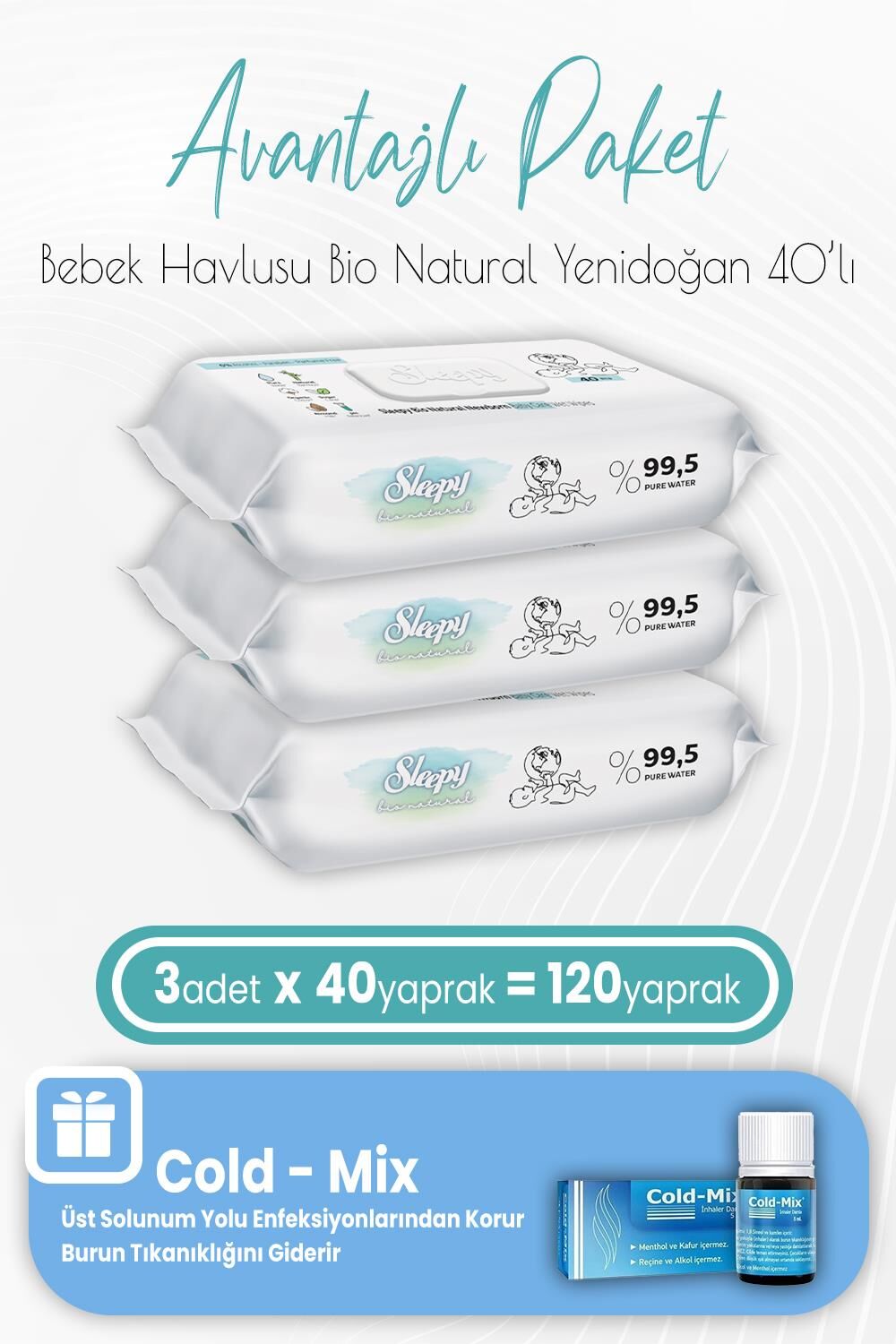 Sleepy Bio Natural Yenidoğan Islak Havlu 40 x 3 (120 Yaprak) ve İnhaler Damla