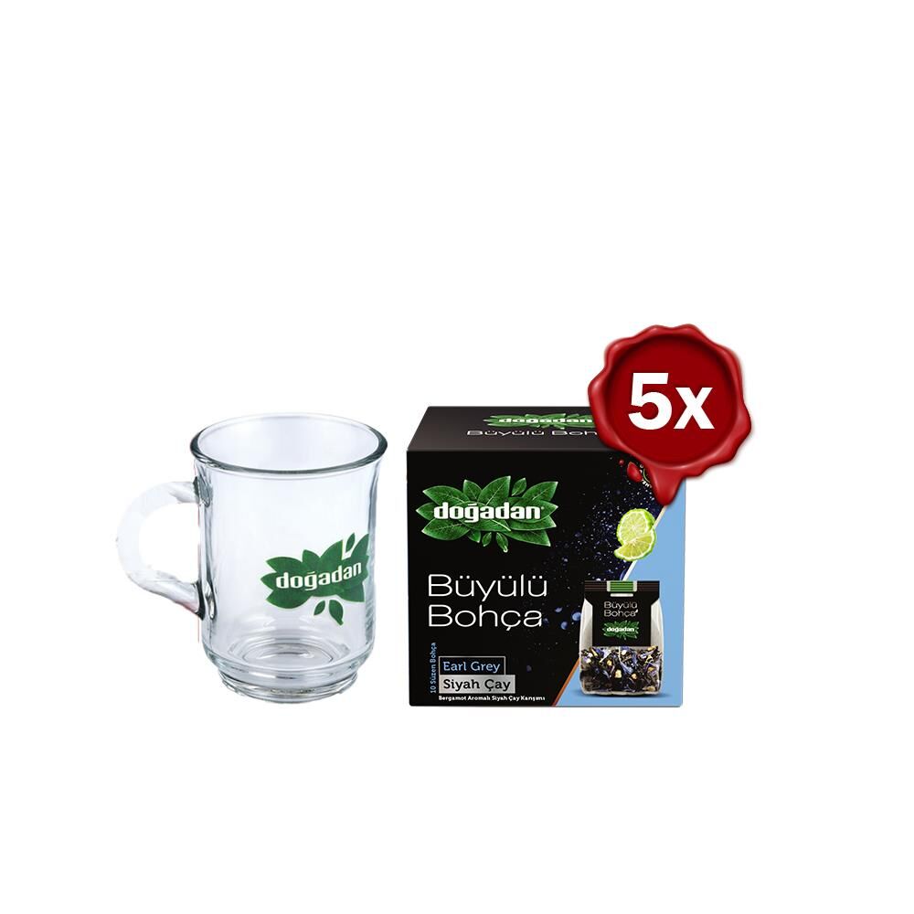 Doğadan Büyülü Bohça Earl Grey 10'lu 20 G x 5 ve Doğadan Cam Bardak Hediyeli