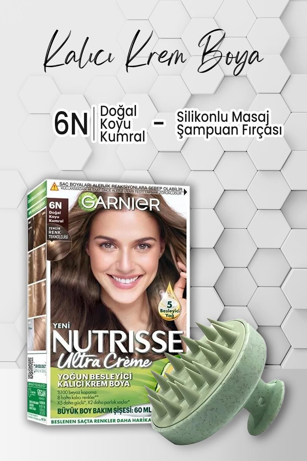 Garnier Nutrisse Kalıcı Krem Saç Boyası 6N Doğal Koyu Kumral ve Şampuan Fırçası Yeşil