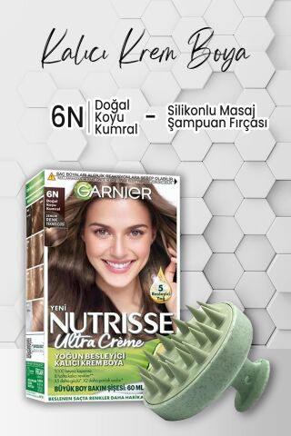 Garnier Nutrisse Kalıcı Krem Saç Boyası 6N Doğal Koyu Kumral ve Şampuan Fırçası Yeşil