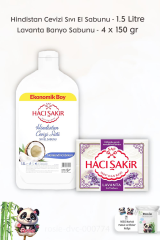 Hacı Şakir Hindistan Cevizi Sıvı El Sabunu 1500 ml,   Lavanta Kokulu Banyo Sabunu 4 x 150 gr ve ROSIE