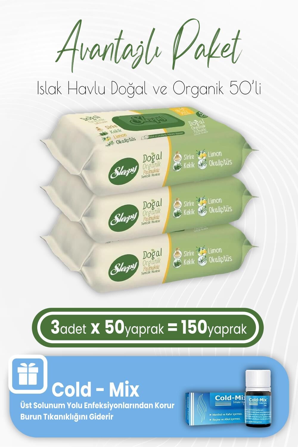Sleepy Doğal ve Organik Islak Mendil 50 x 3 (150 Yaprak) ve İnhaler Damla