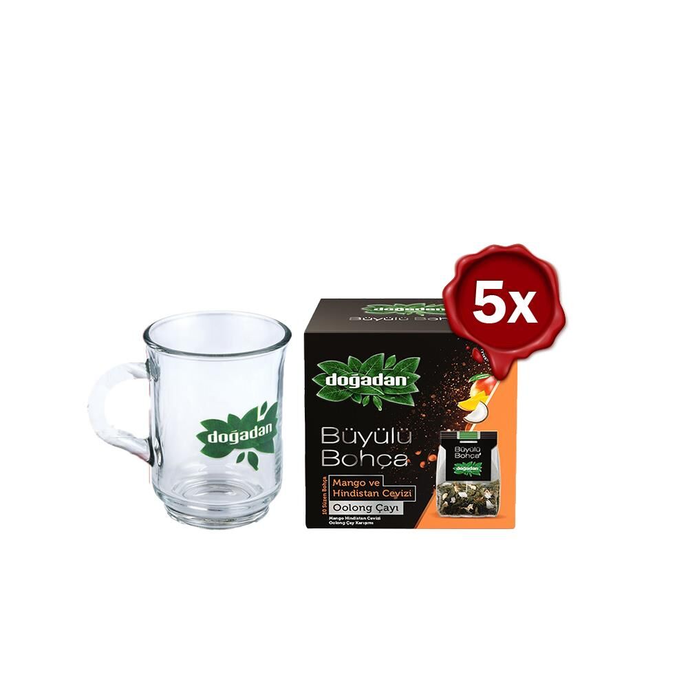 Doğadan Büyülü Bohça Oolong Çayı Mango ve Hindistan Cevizi x 5 ve Doğadan Cam Bardak Hediyeli