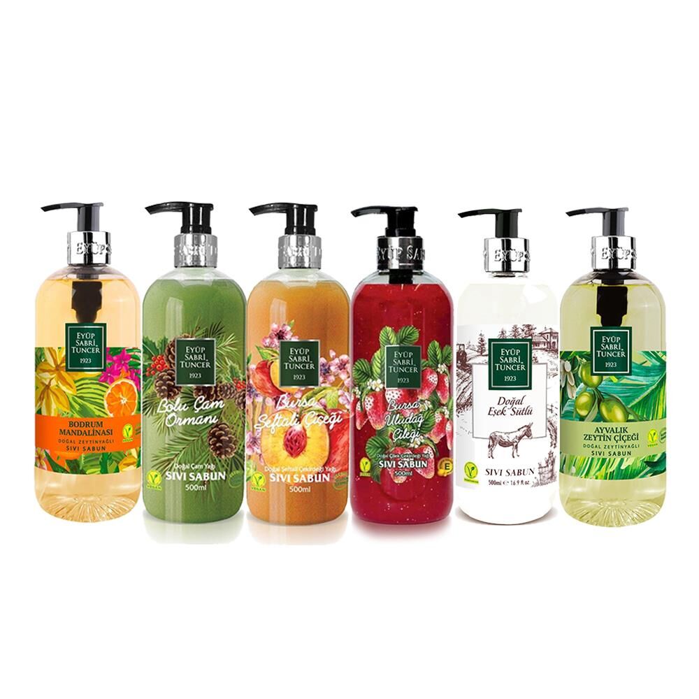 Eyüp Sabri Tuncer Sıvı Sabun Seti Bodrum Mandalinası, Bolu Çam, Şeftali Çiçeği, Uludağ Çileği, Eşek sütlü, Ayvalık Zeytin Çiçeği 500 ml