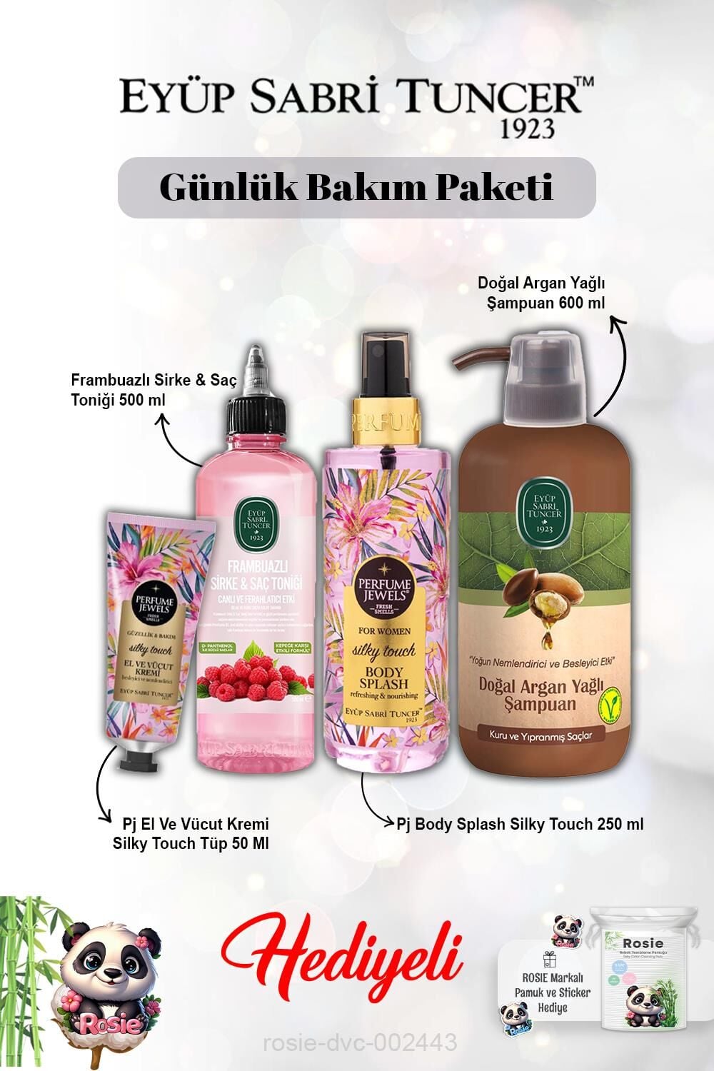 Argan Şampuan, Frambuaz Tonik, Vücut Spreyi Splash Silky Touch ve Kremi ve Rosie