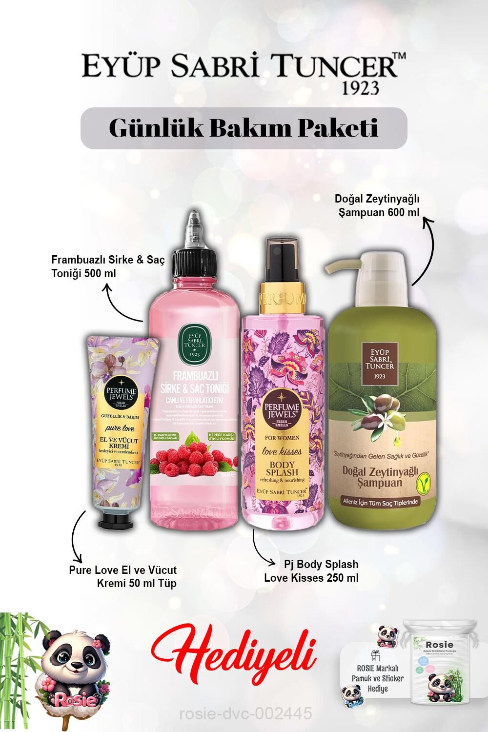 Vücut Spreyi Love Kisses ve Pure Love Krem, Zeytinyağlı Şampuan, Frambuaz Tonik ve Rosie