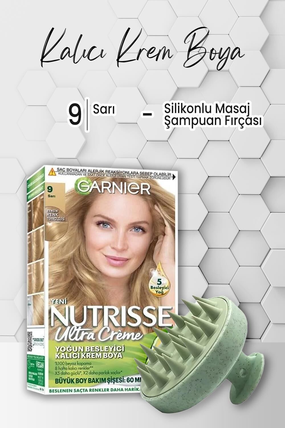 Garnier Nutrisse Kalıcı Krem Saç Boyası 9 Sarı ve Şampuan Fırçası Yeşil