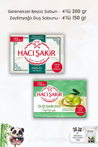 Hacı Şakir Doğal Saf Geleneksel Beyaz Sabun 4 x 200 gr,  Zeytinyağlı  Duş Sabunu 4 x 125 ml ve ROSIE