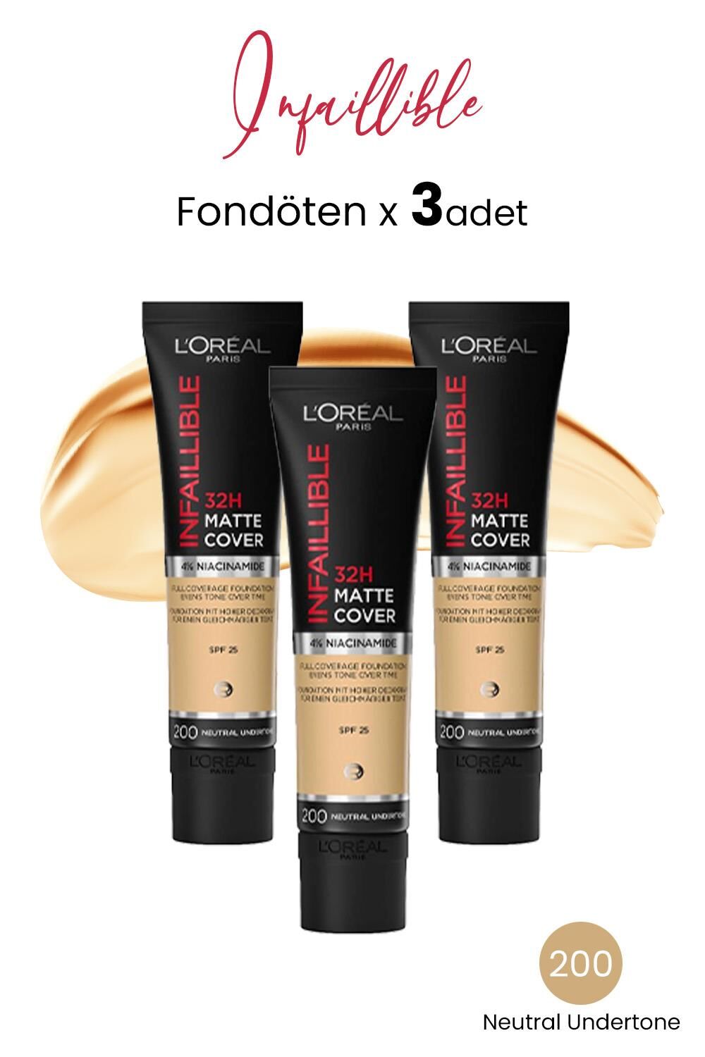 Loreal Paris Infaillible Matte Cover Fondöten SPF25 Neutral Undertone 200 x 3 Adet