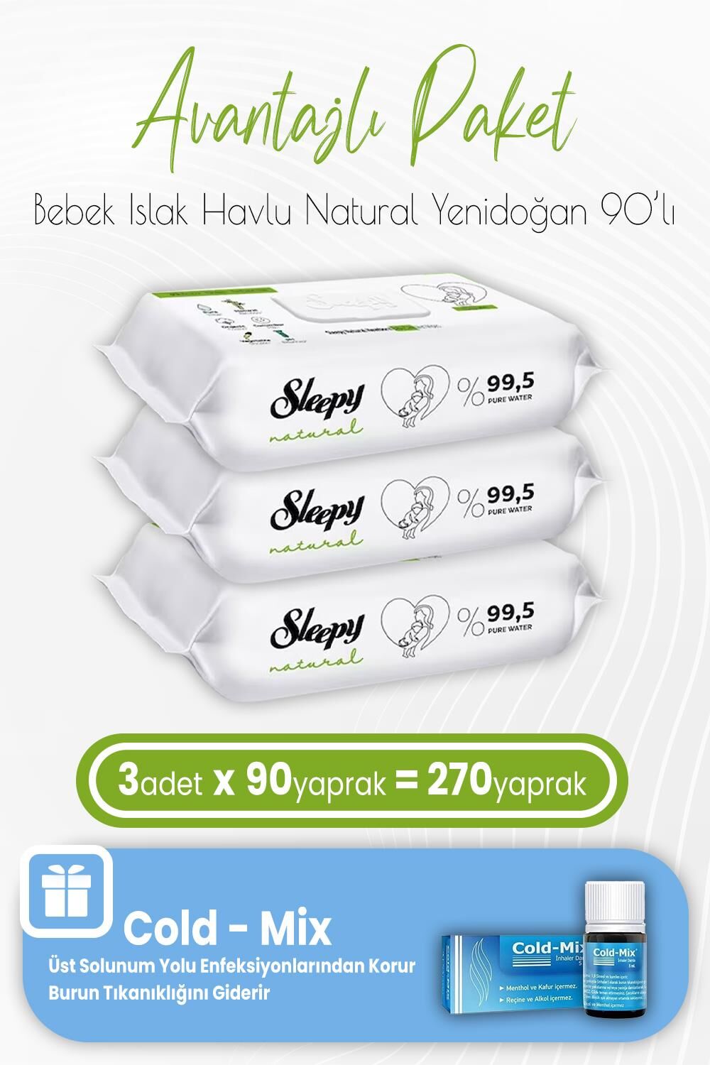 Sleepy Natural Yenidoğan Islak Mendili 90 x 3 (270 Yaprak) ve İnhaler Damla