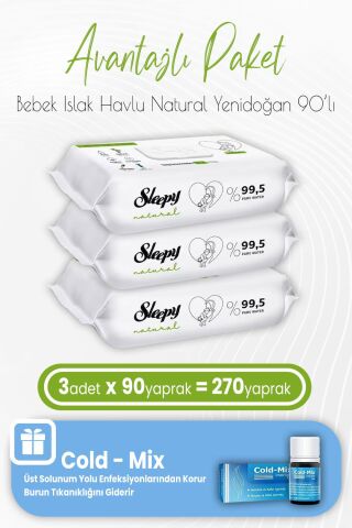 Sleepy Natural Yenidoğan Islak Mendili 90 x 3 (270 Yaprak) ve İnhaler Damla