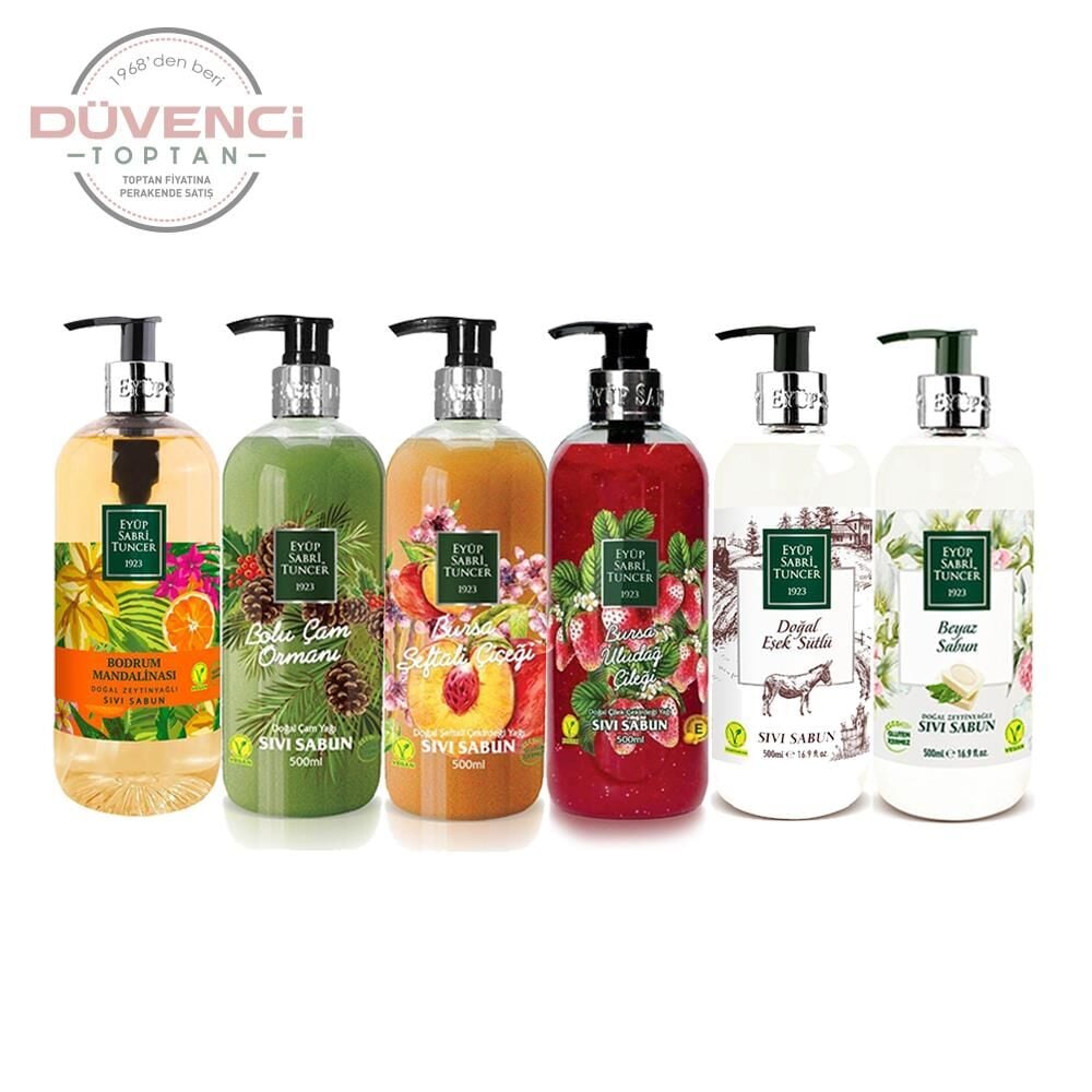 Eyüp Sabri Tuncer Sıvı Sabun Seti Beyaz Sabun, Bodrum Mandalinası, Bolu Çam, Şeftali Çiçeği, Uludağ Çileği, Eşek sütlü 500 ml