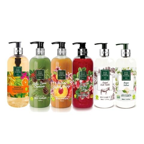Eyüp Sabri Tuncer Sıvı Sabun Seti Beyaz Sabun, Bodrum Mandalinası, Bolu Çam, Şeftali Çiçeği, Uludağ Çileği, Eşek sütlü 500 ml