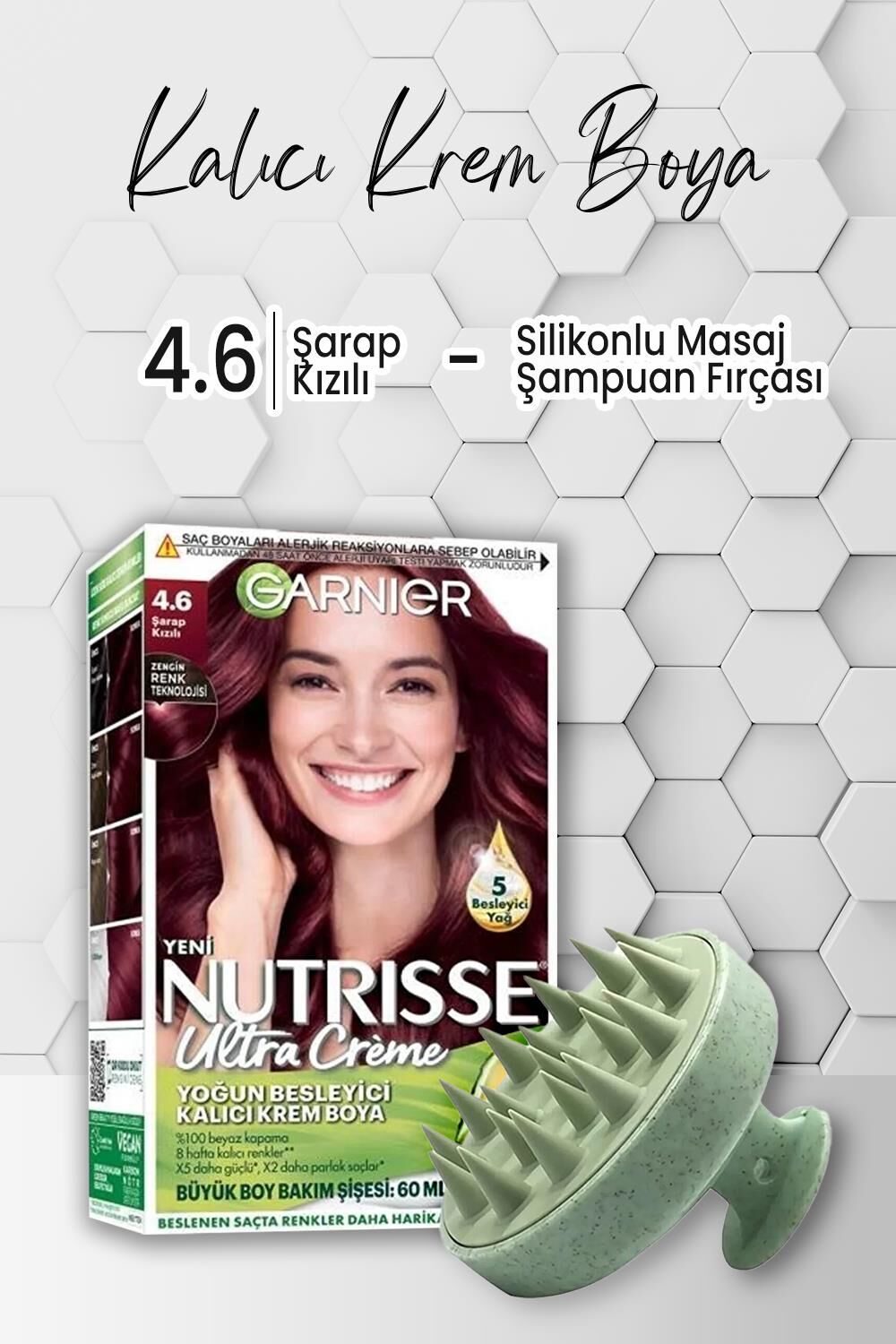 Garnier Nutrisse Kalıcı Krem Saç Boyası 4.6 Şarap Kızılı ve Şampuan Fırçası Yeşil