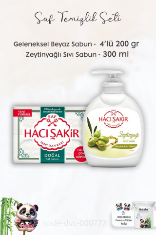 Hacı Şakir Doğal Saf Geleneksel Beyaz Sabun 4 x 200 gr,  Zeytinyağlı Sıvı Sabun 300 ml ve ROSIE