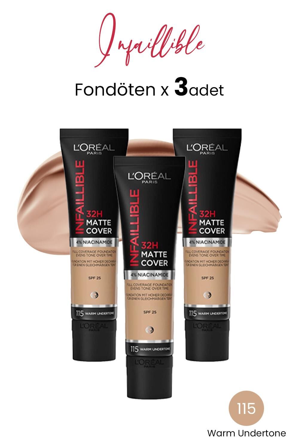 Loreal Paris Infaillible Matte Cover Fondöten SPF25 Warm Undertone 115 x 3 Adet