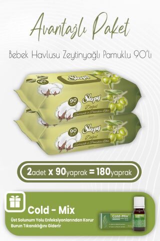 Sleepy Zeytinyağlı Pamuklu Bebek Havlusu 90 x 2 (180 Yaprak) ve İnhaler Damla (Yeşil)
