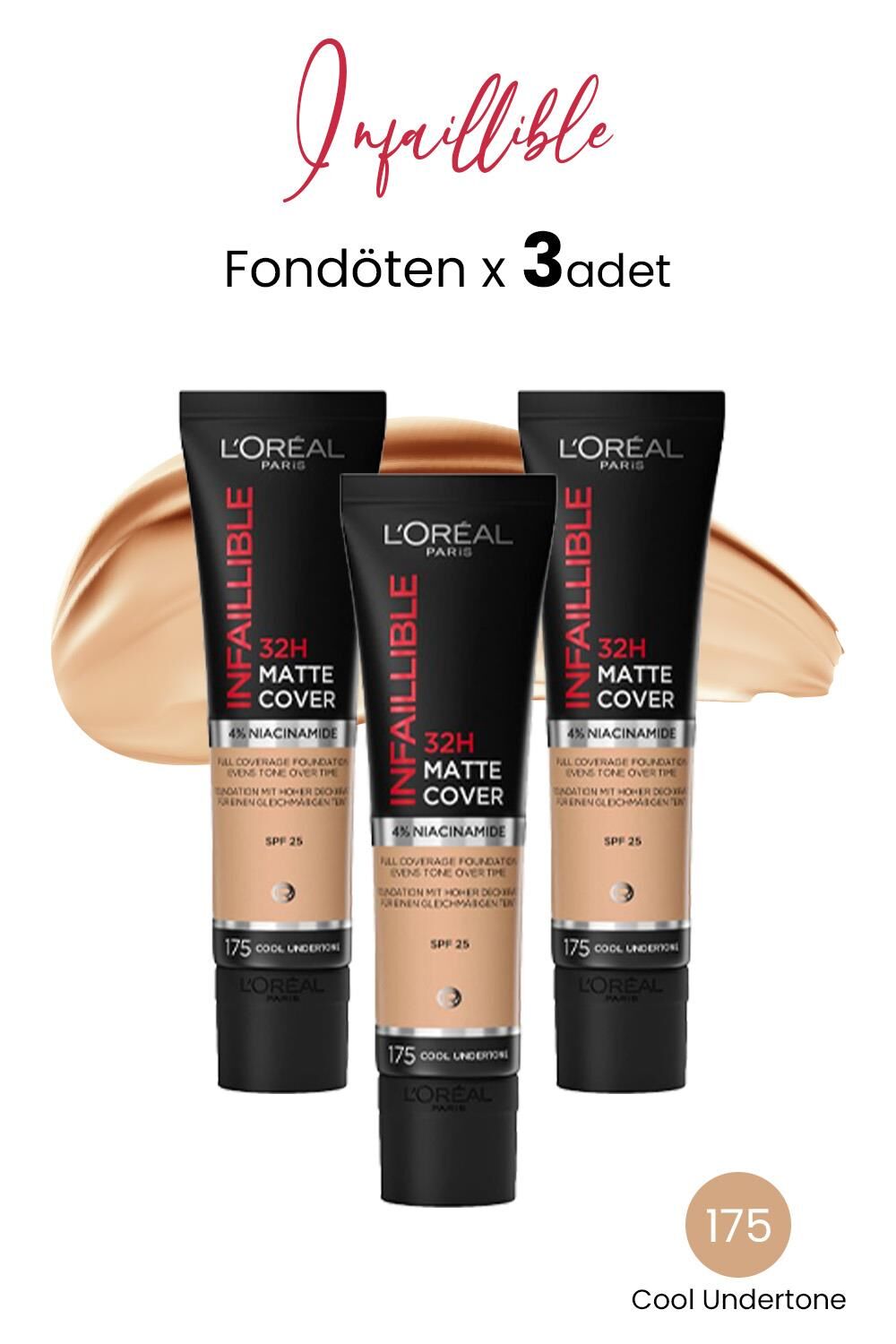 Loreal Paris Infaillible Matte Cover Fondöten SPF25 Cool Undertone 175 x 3 Adet